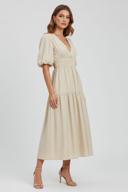 Lena | Elegant Midi Dress with V-Neckline and Puff Sleeves