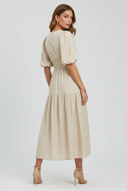 Lena | Elegant Midi Dress with V-Neckline and Puff Sleeves