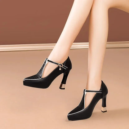 Eleanora | Luxe Leather Block Heels with Gold Buckle