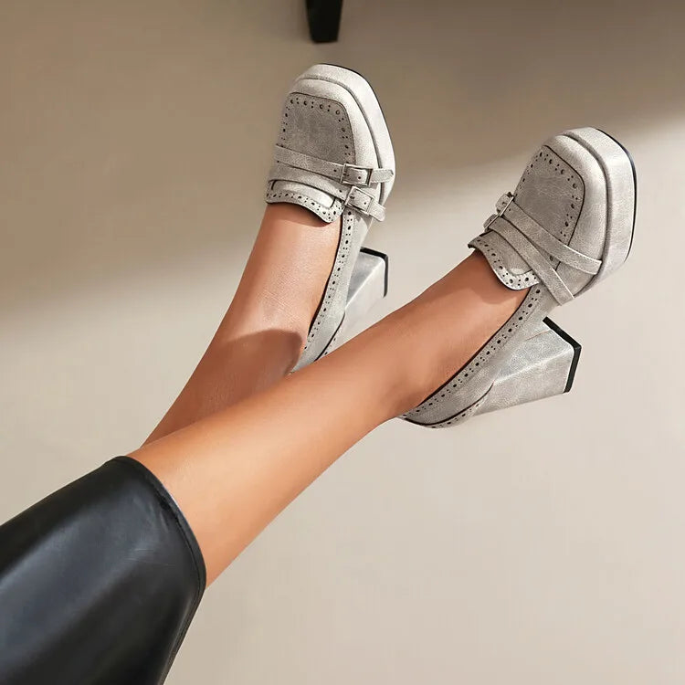 Daphne | Chic Leather Block Heels with Buckle Strap