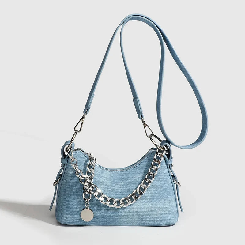 Mira | Washed Denim Chain Shoulder Bag