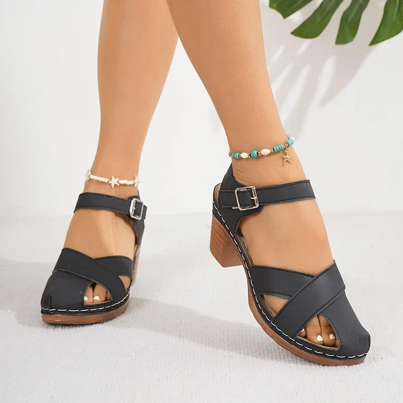 Mireille | Block Heel Open Toe Ankle Strap Sandals