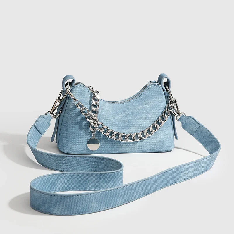 Mira | Washed Denim Chain Shoulder Bag