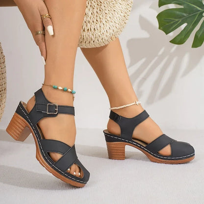 Mireille | Block Heel Open Toe Ankle Strap Sandals