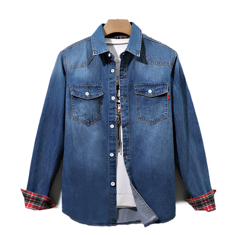 Edmund | Denim Button-Up Shirt with Plaid Cuffs