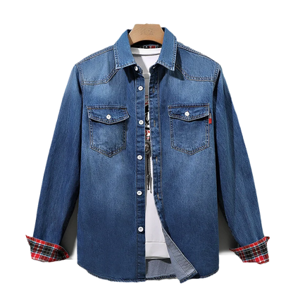 Edmund | Denim Button-Up Shirt with Plaid Cuffs