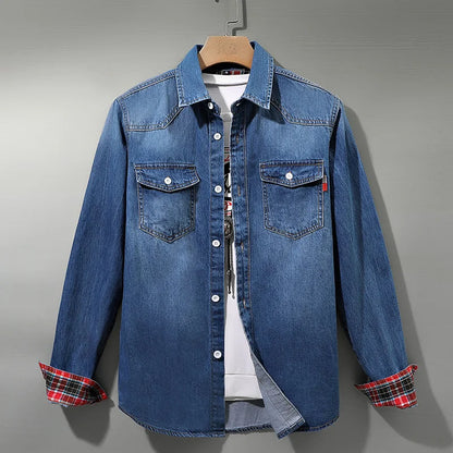 Edmund | Denim Button-Up Shirt with Plaid Cuffs