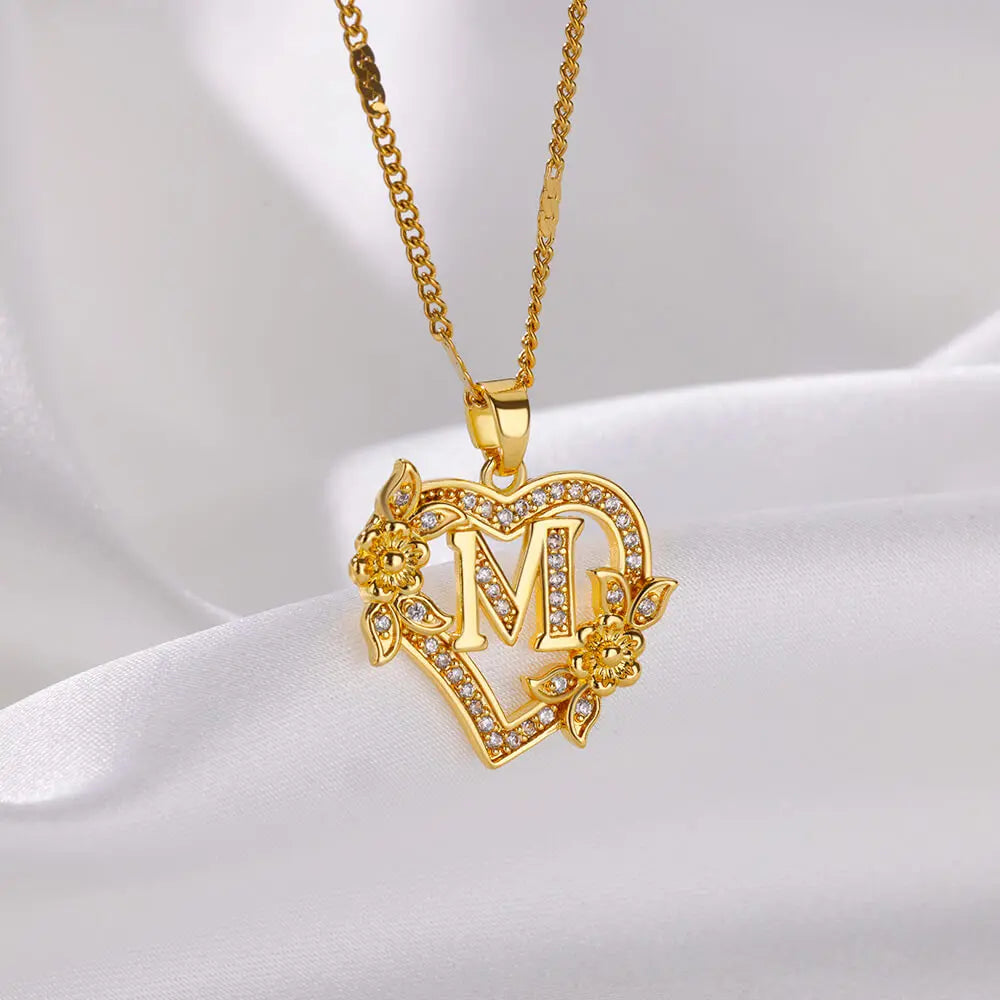 Lorelei | Heart Pendant Initial Necklace with Pavé Accents