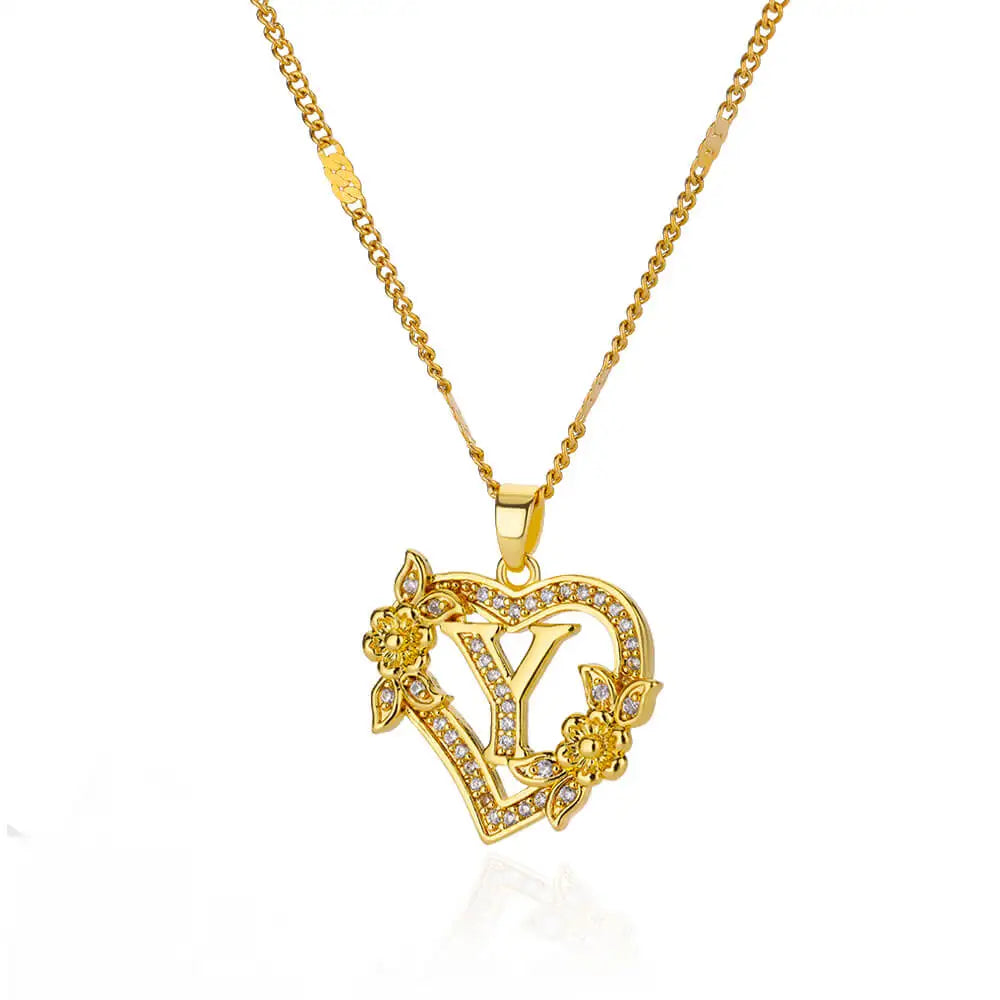 Lorelei | Heart Pendant Initial Necklace with Pavé Accents