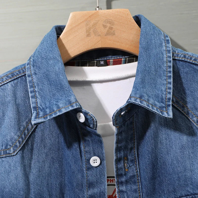 Edmund | Denim Button-Up Shirt with Plaid Cuffs