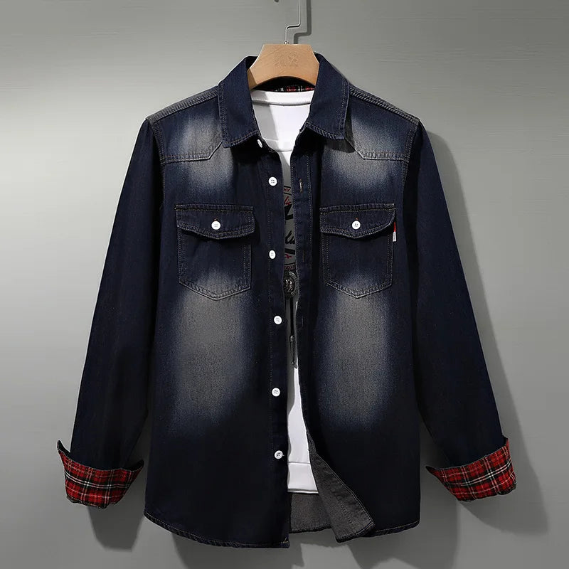 Edmund | Denim Button-Up Shirt with Plaid Cuffs