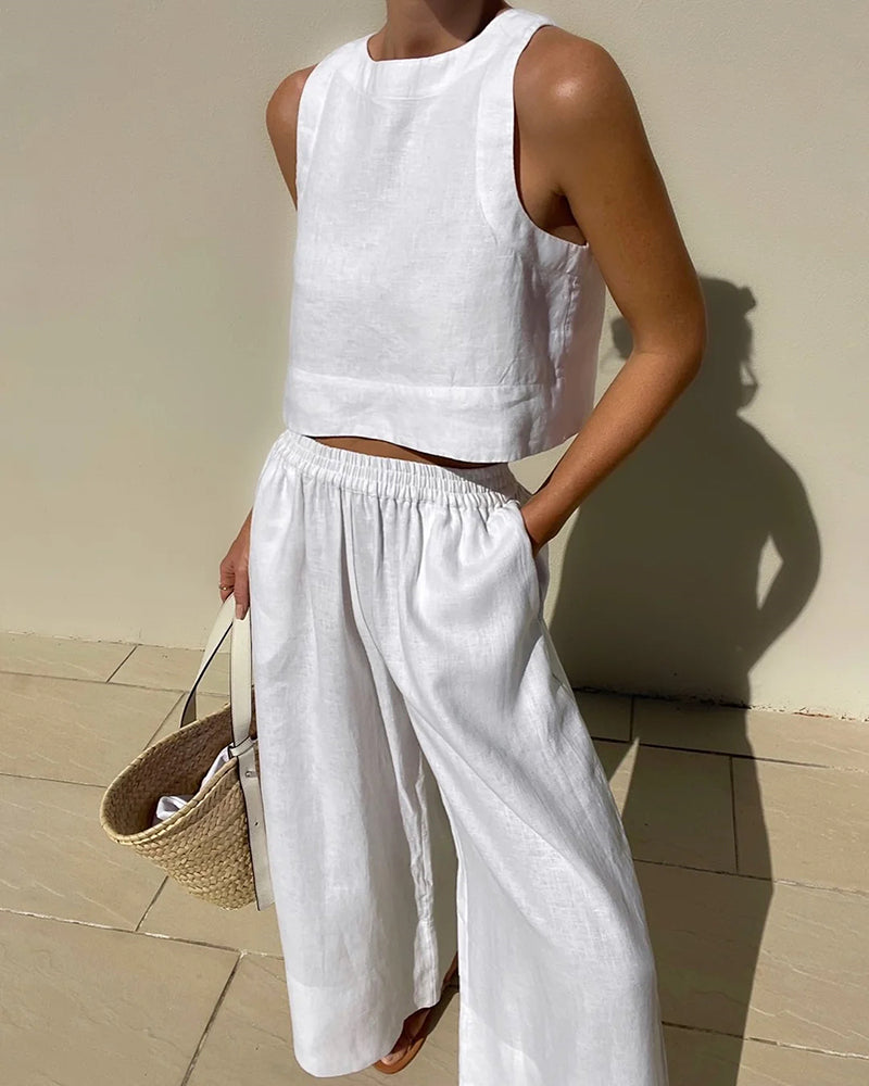 Sophia | Chic Sleeveless Crop Top and Flowy Wide-Leg Pants Two Piece Set