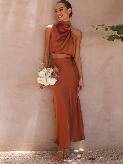 Sophia | Elegant Satin Two-Piece Set with Halter Top and Maxi Skirt