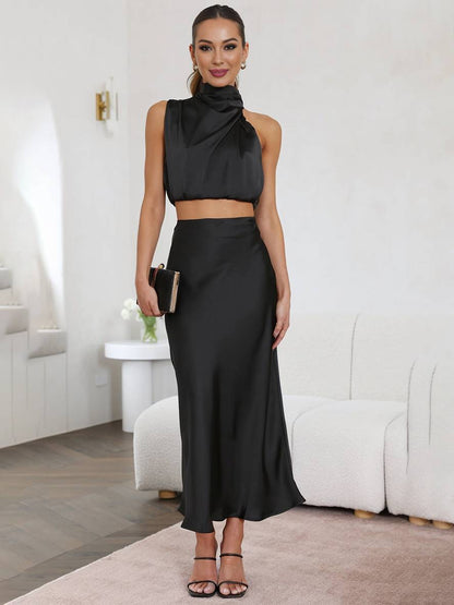 Sophia | Elegant Satin Two-Piece Set with Halter Top and Maxi Skirt