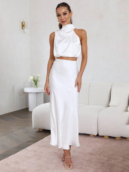 Sophia | Elegant Satin Two-Piece Set with Halter Top and Maxi Skirt