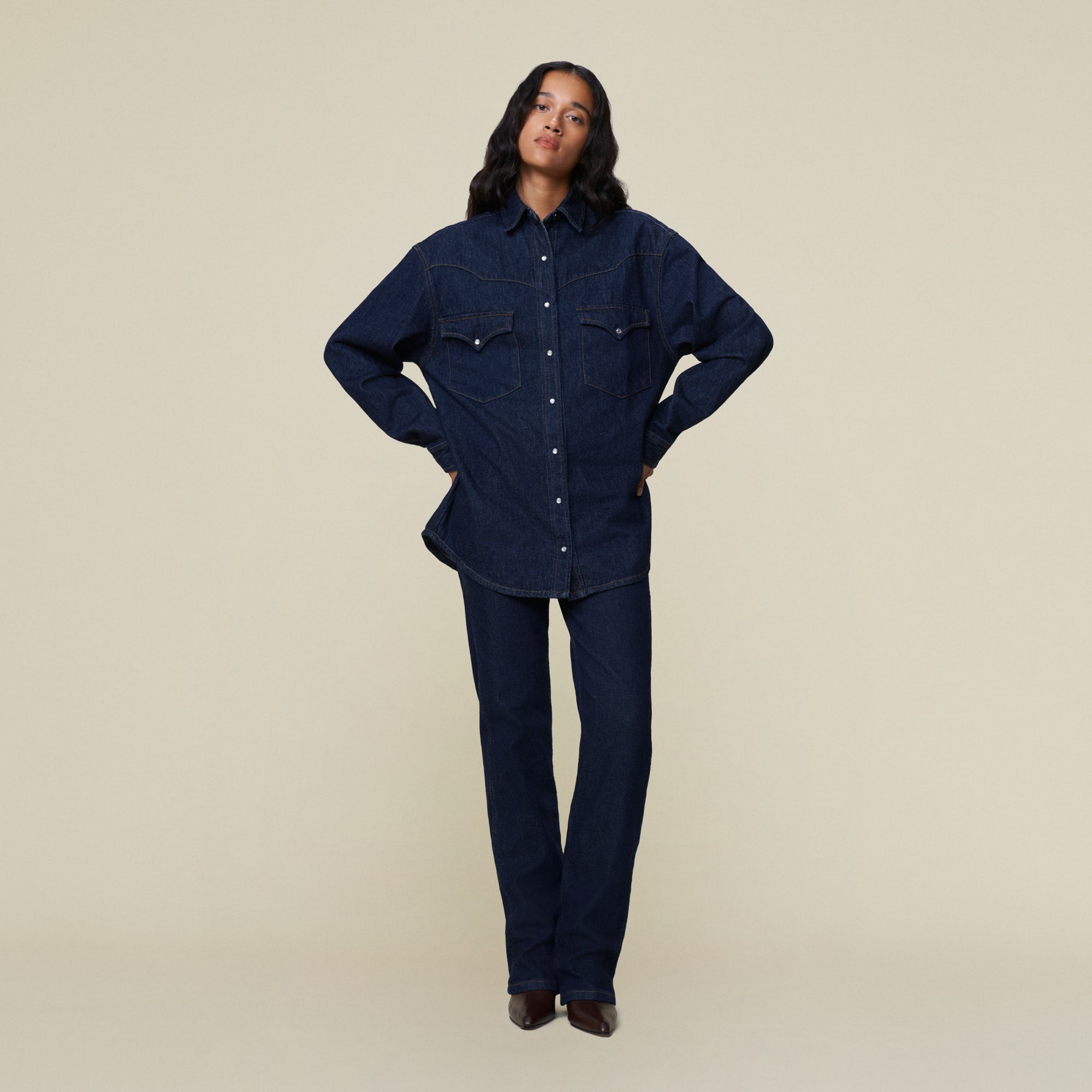 Sophie | Chic Dark Denim Shirt And High-Waisted Jeans Set