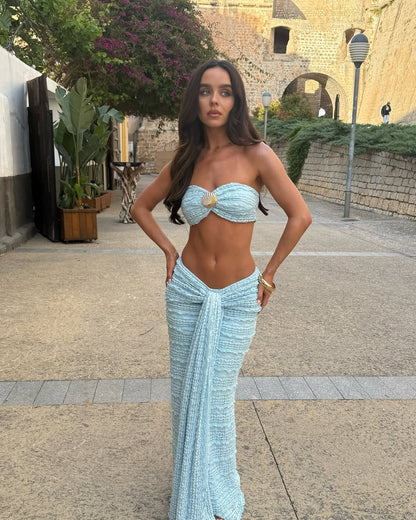Sophie | Chic Textured Two Piece Set with Bandeau Top and Wide-Leg Pants