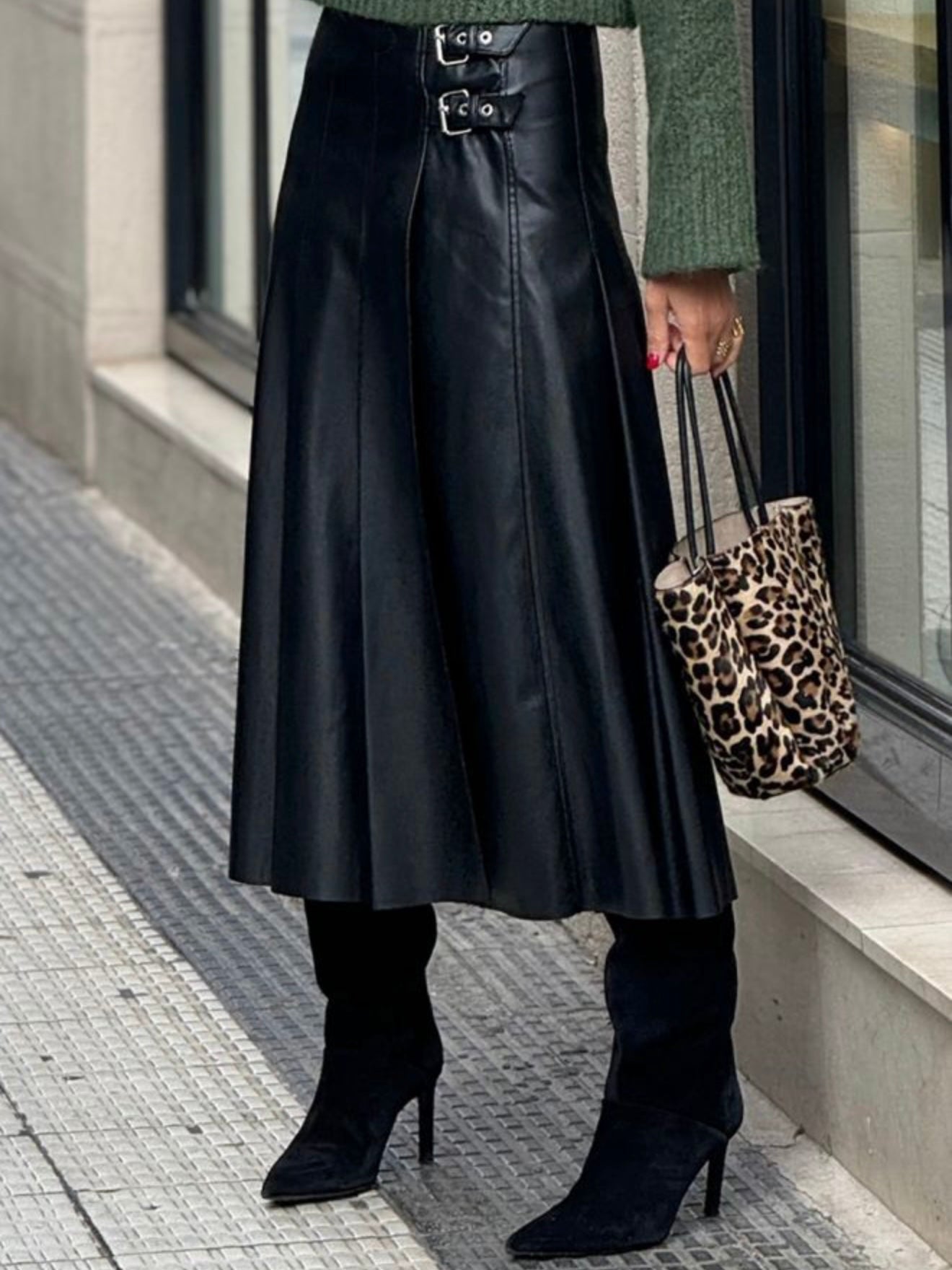 Sophie | Edgy A-Line Midi Leather Skirt