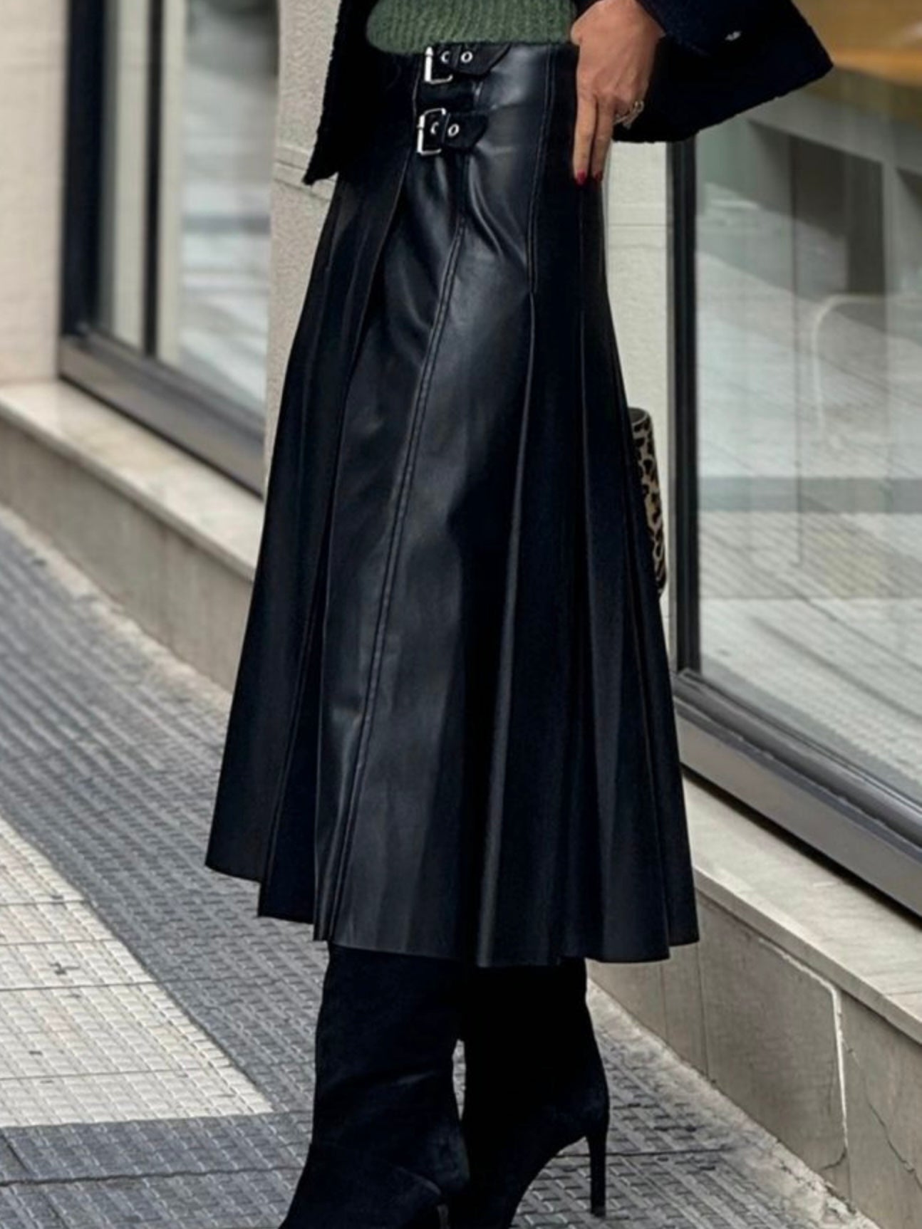 Sophie | Edgy A-Line Midi Leather Skirt