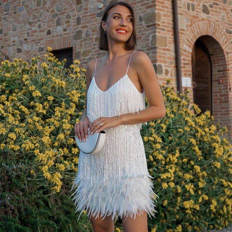Sophie | Glamorous Sequin Feather Mini Dress for Wedding Guests