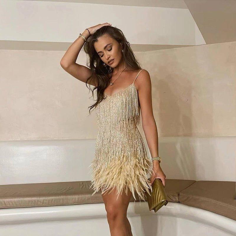 Sophie | Glamorous Sequin Feather Mini Dress for Wedding Guests