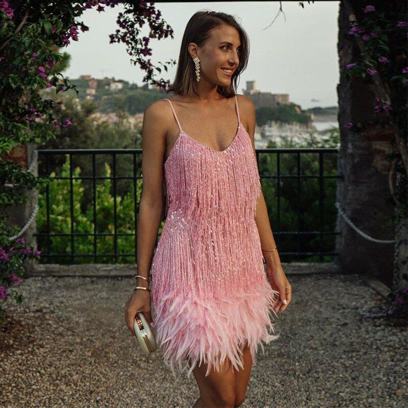 Sophie | Glamorous Sequin Feather Mini Dress for Wedding Guests
