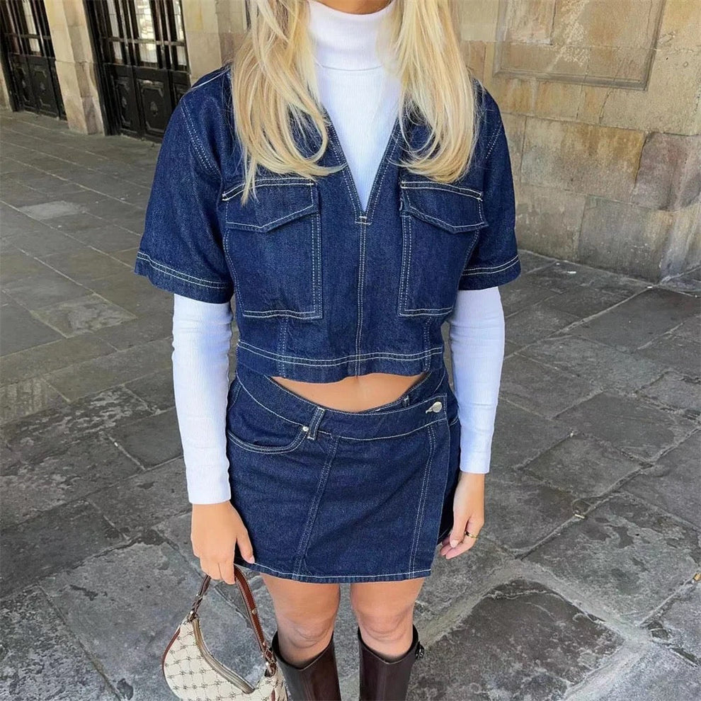 Sophie | Modern Chic Denim Crop Top And Mini Skirt Set