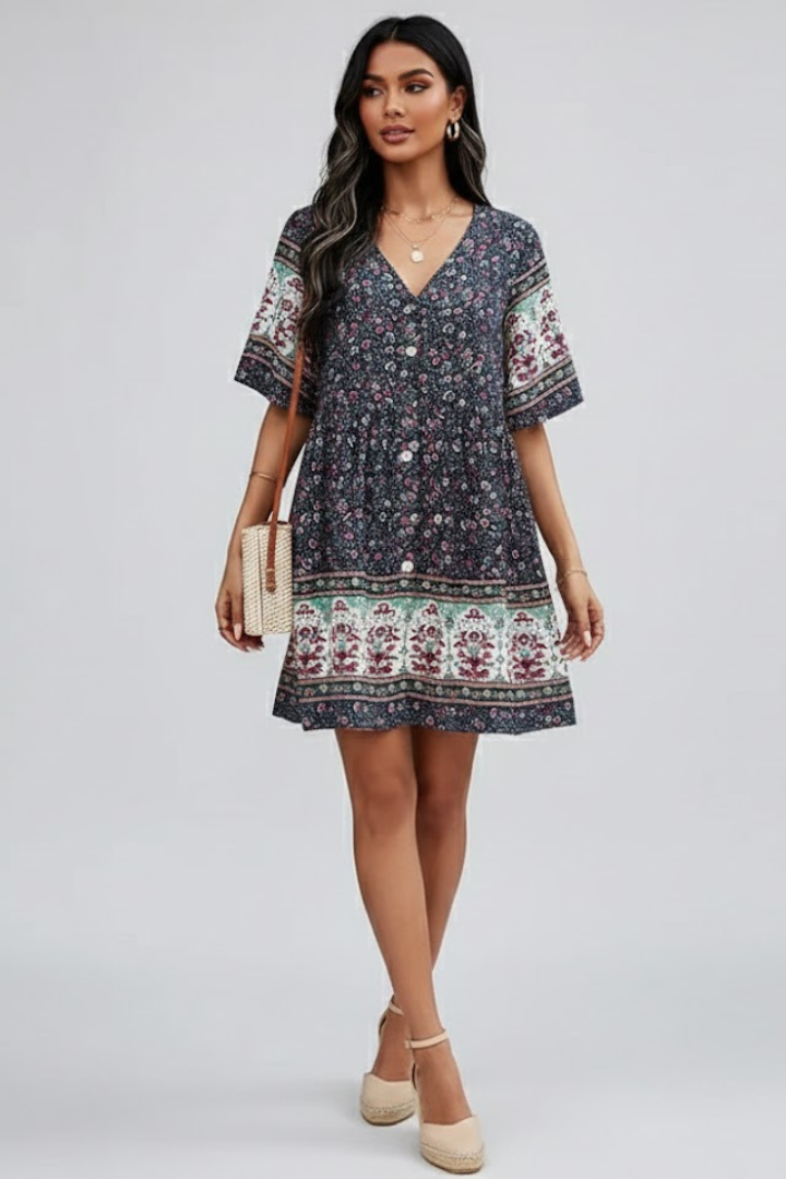 Isla | V-Neck Button Front Short Sleeve Dress