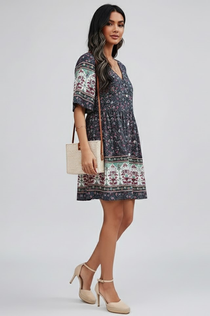 Isla | V-Neck Button Front Short Sleeve Dress