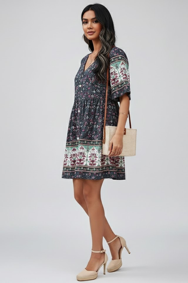 Isla | V-Neck Button Front Short Sleeve Dress