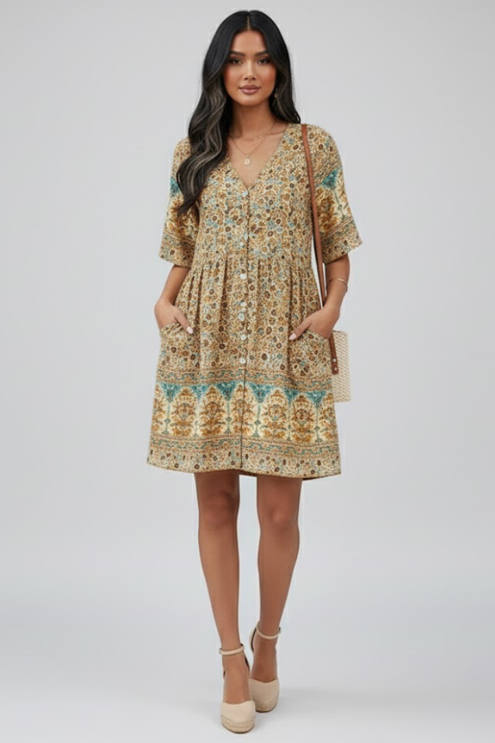 Isla | V-Neck Button Front Short Sleeve Dress