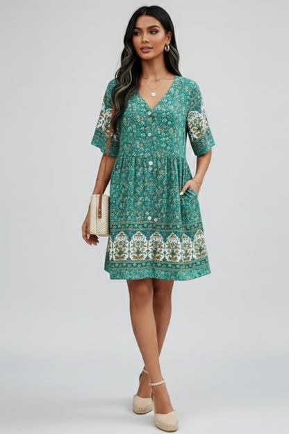Isla | V-Neck Button Front Short Sleeve Dress