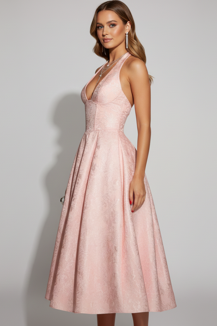Lila | Halter Neck Midi Dress with Fitted Bodice
