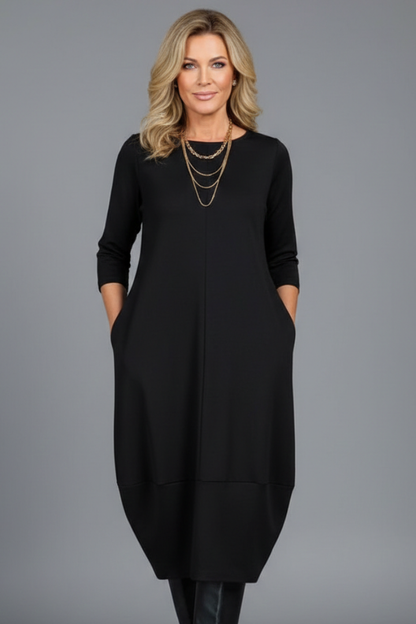 Lila | Chic Midi Dress with Round Neck and Pockets
