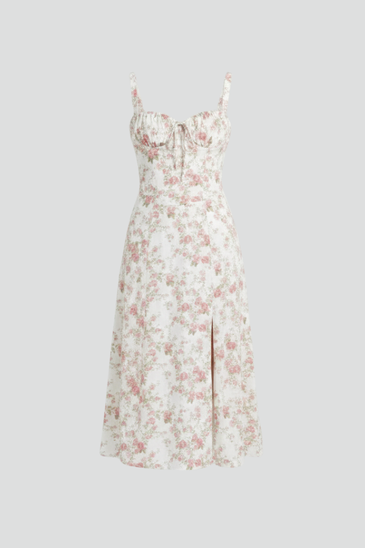 Lila | Elegant Midi Dress with Shoulder Straps and Patterned Skirt