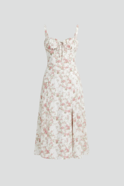 Lila | Elegant Midi Dress with Shoulder Straps and Patterned Skirt