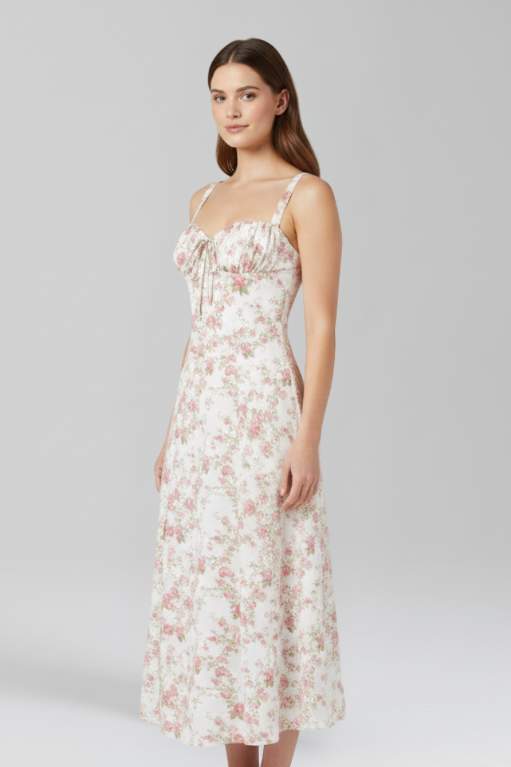 Lila | Elegant Midi Dress with Shoulder Straps and Patterned Skirt