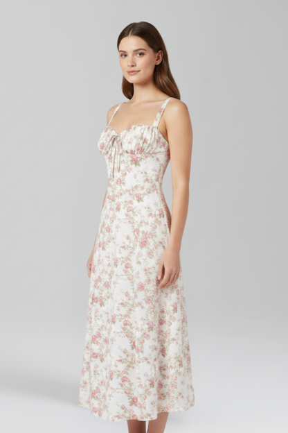 Lila | Elegant Midi Dress with Shoulder Straps and Patterned Skirt