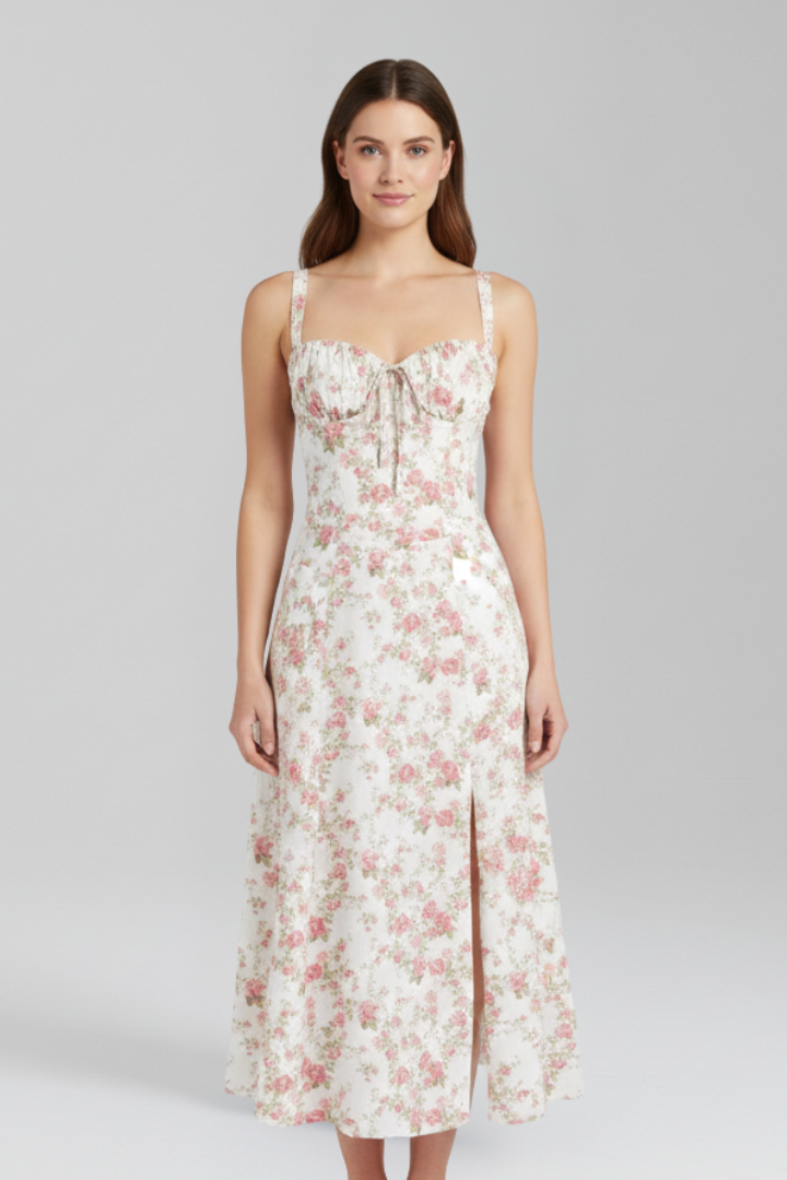 Lila | Elegant Midi Dress with Shoulder Straps and Patterned Skirt