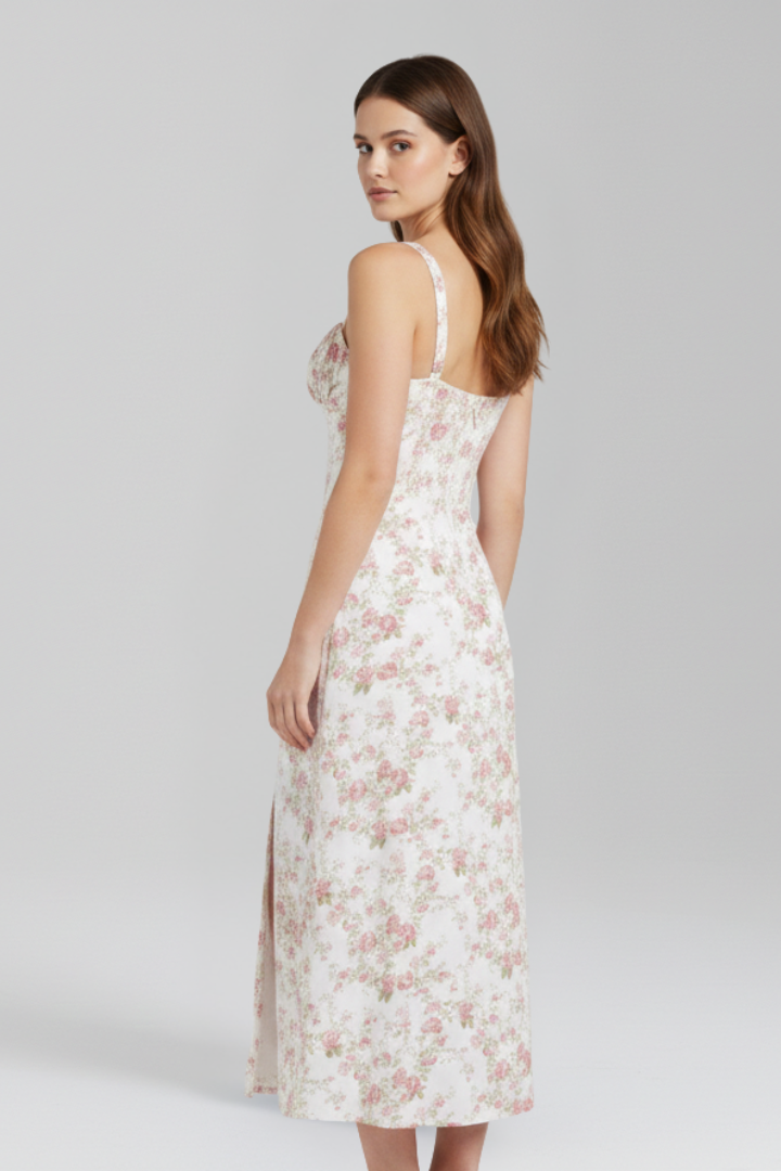 Lila | Elegant Midi Dress with Shoulder Straps and Patterned Skirt