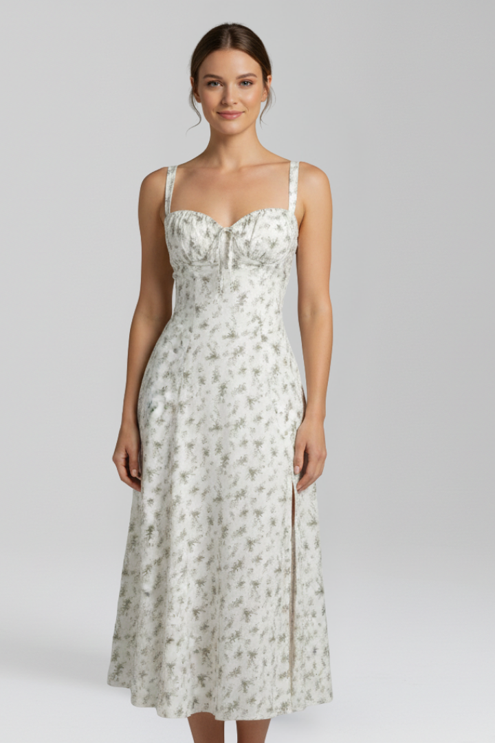 Lila | Elegant Midi Dress with Shoulder Straps and Patterned Skirt