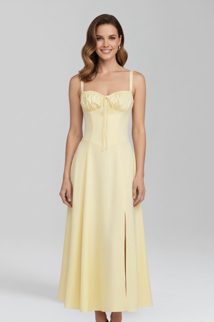 Lila | Elegant Midi Dress with Shoulder Straps and Patterned Skirt