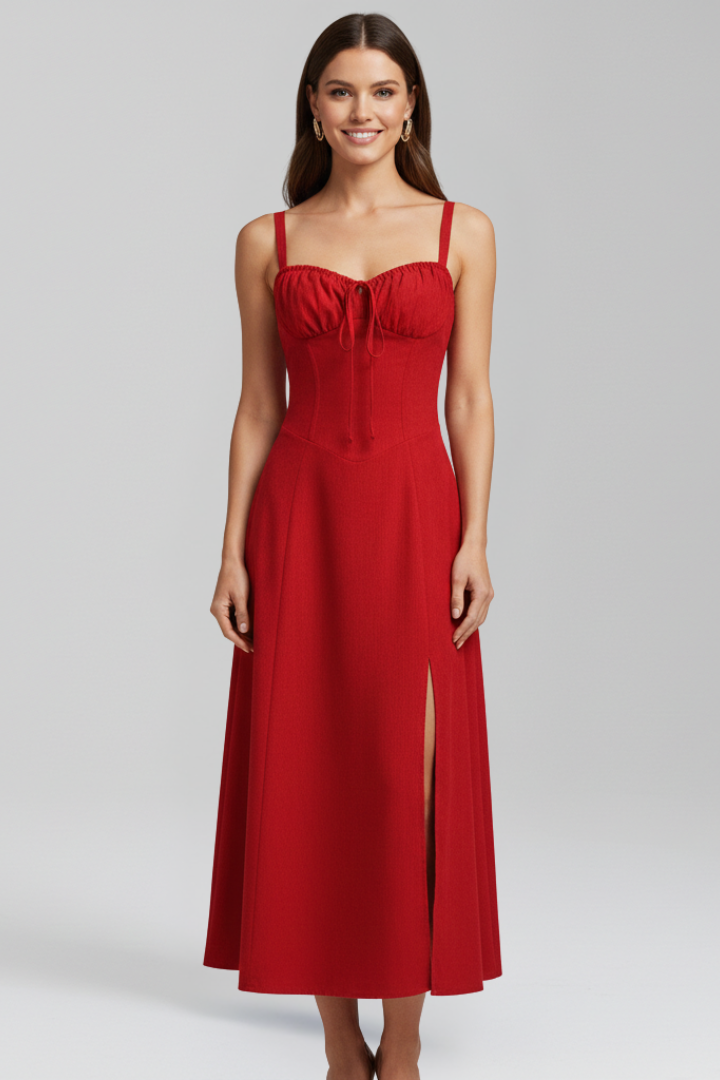 Lila | Elegant Midi Dress with Shoulder Straps and Patterned Skirt