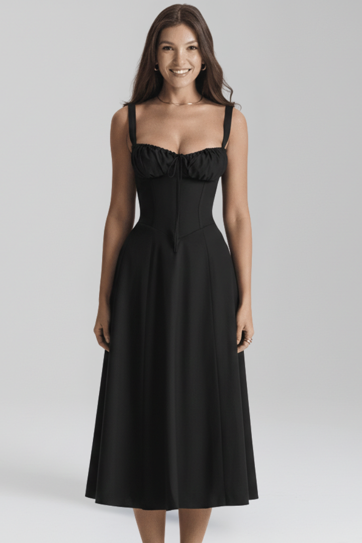 Lila | Elegant Midi Dress with Shoulder Straps and Patterned Skirt