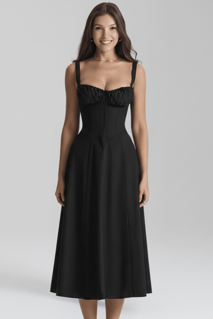 Lila | Elegant Midi Dress with Shoulder Straps and Patterned Skirt