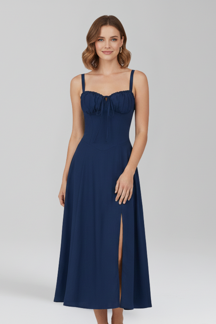 Lila | Elegant Midi Dress with Shoulder Straps and Patterned Skirt