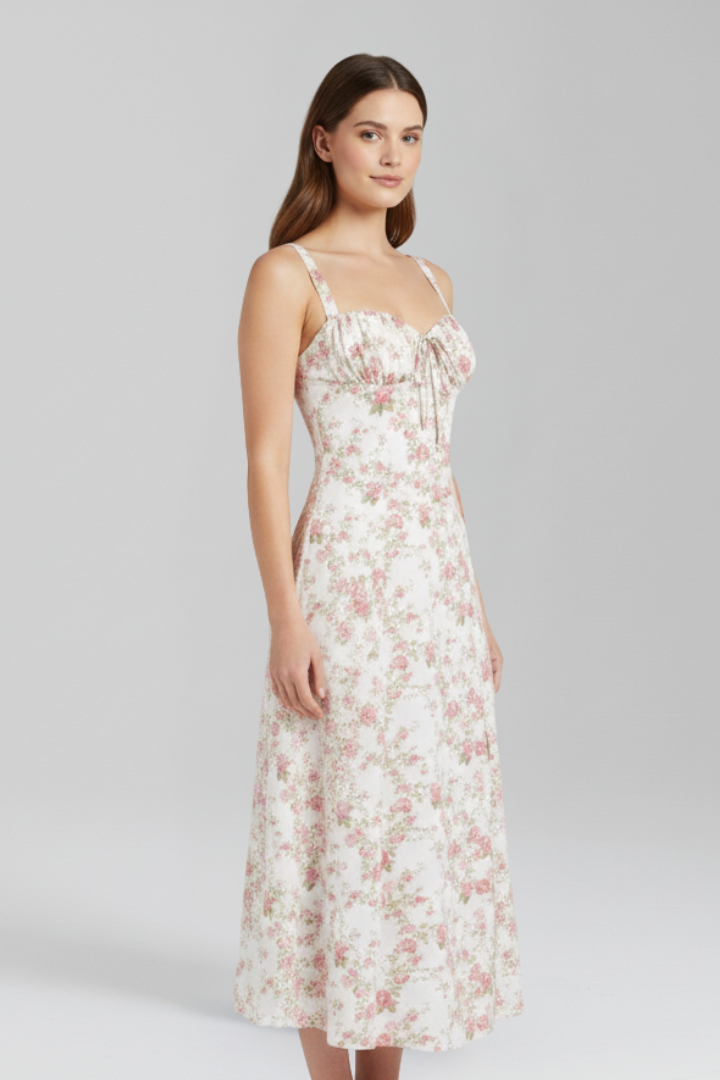 Lila | Elegant Midi Dress with Shoulder Straps and Patterned Skirt