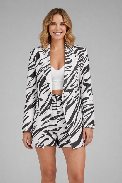 Elena | Chic Open Front Blazer Set with Printed Shorts