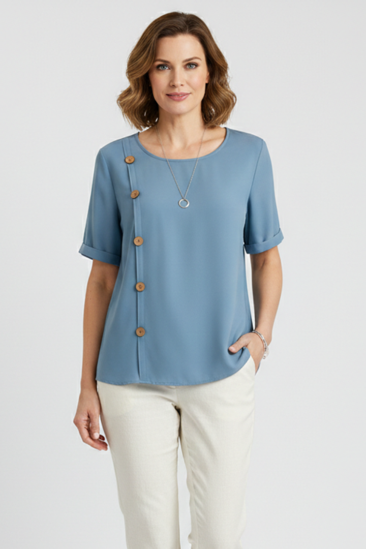 Lila | Elegant Round Neck Blouse with Side Buttons