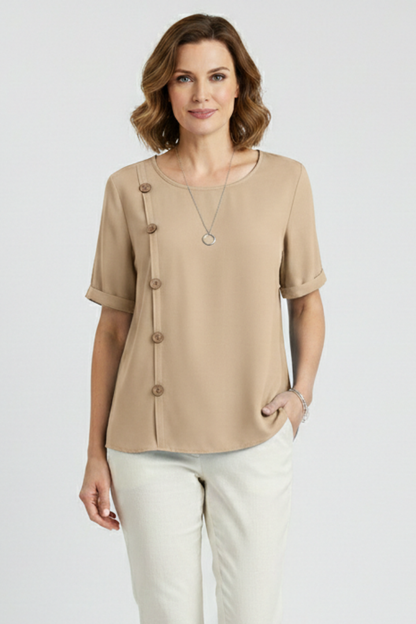 Lila | Elegant Round Neck Blouse with Side Buttons